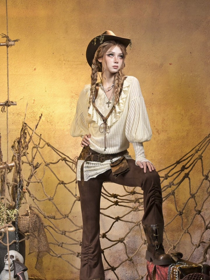 PU Brown Suspenders Orange Detachable V-Waistband Suede Lace Steampunk with Pants