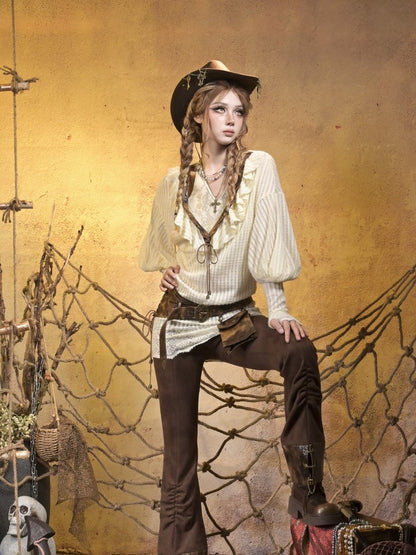 PU Brown Suspenders Orange Detachable V-Waistband Suede Lace Steampunk with Pants