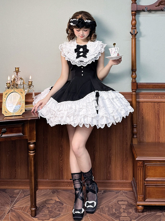 Black Neck Dress White Lolita Ruffle Fit Hem Striped Waist Layered with Sleeveless Fabric Slim and