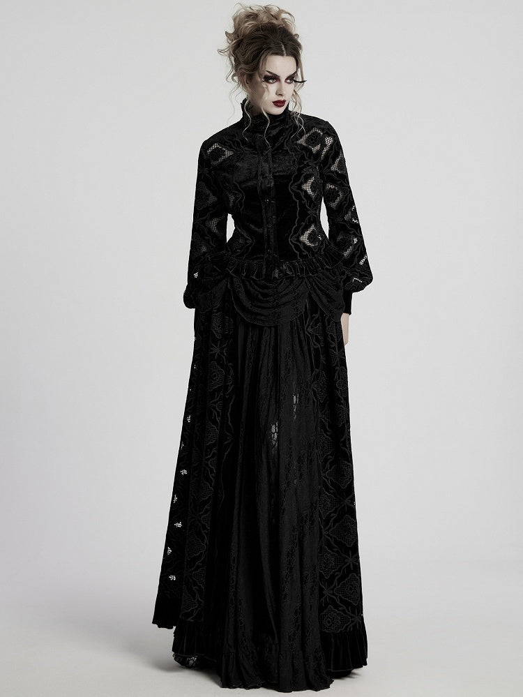 Black Retro Embroidered Velvet Shirt