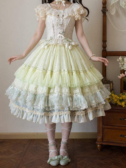 Jacquard Korsett Herz Ärmel Stoff Top Flatter Tiered Elfenbein