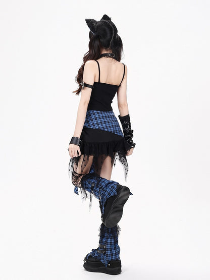 Blue Black Plaid Asymmetric Skirt with Zipper - CRAZY GIRL
