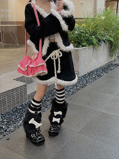 Black / Gray Bone-Shaped Decoration Faux Fur Leg Warmers + Knitted Leg Warmers + Heart Garter