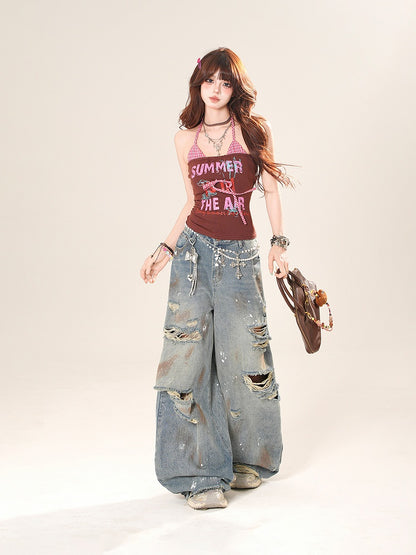 グリーン/ブラウンレタープリントフェイクツーピースホルターネックトップ