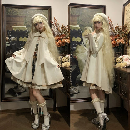 with High-Low Gothic White Lolita Pin Woolen Coat Bow