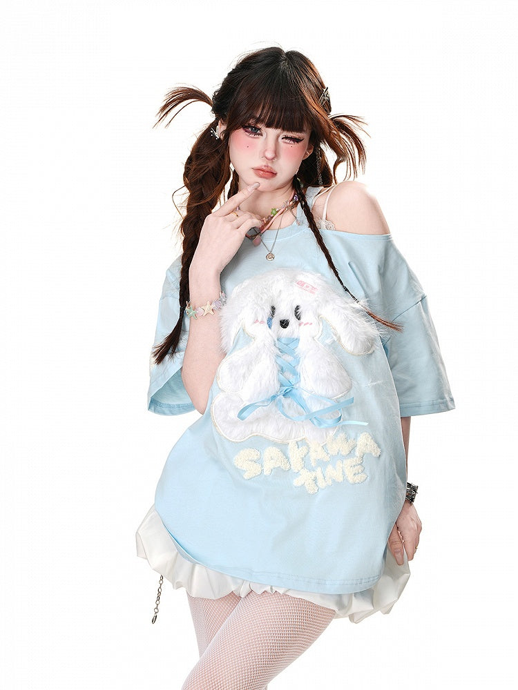 Plush Bunny Applique Criss-cross Design Cutout Shoulder Pink/Blue/Black Loose T-Shirt