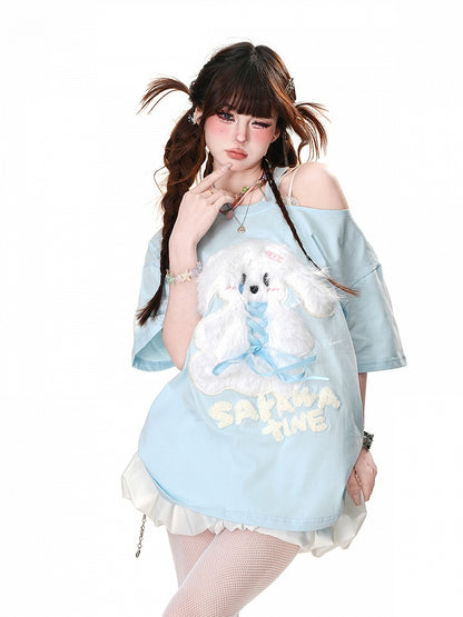 Plush Bunny Applique Criss-cross Design Cutout Shoulder Pink/Blue/Black Loose T-Shirt