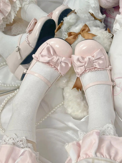 Toe Mid-heel Round Mary Sweet Heart Buckle Top Trim at PU Bow Leather Ruffles with Janes