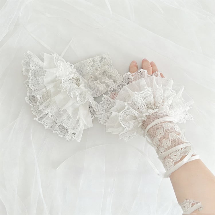 Cuffs Black/White with Layers Gothic Accents Bow Lace Wrist