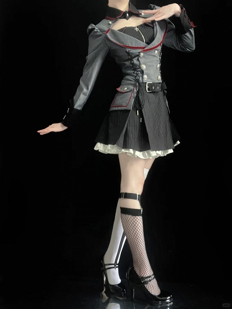 Military Lolita Gown with Striped Pattern - Muguang Galaxy Original
