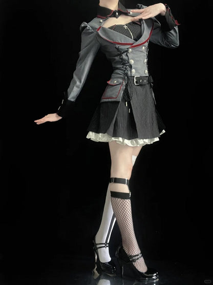 Military Lolita Gown with Striped Pattern - Muguang Galaxy Original