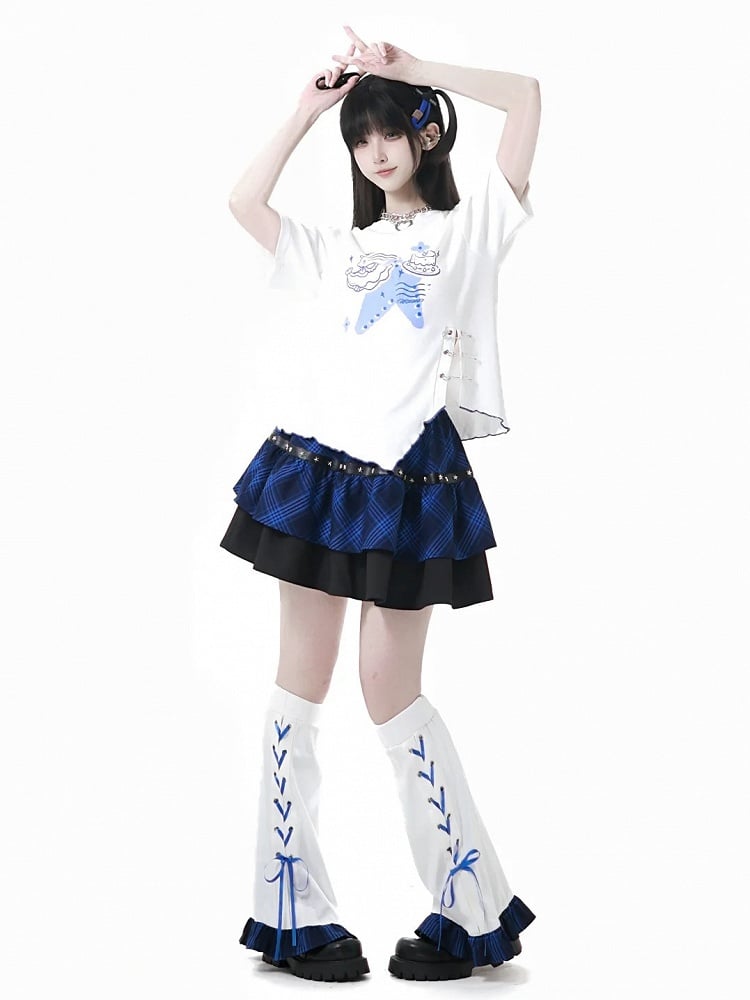 Tiered Skirt Stud Details Black and Blue Plaid Star