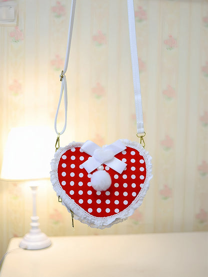 Design Crossbody Polka-dot Bag Pattern Decorated With Pompon Plush Beaded Heart-shaped Bunny Red
