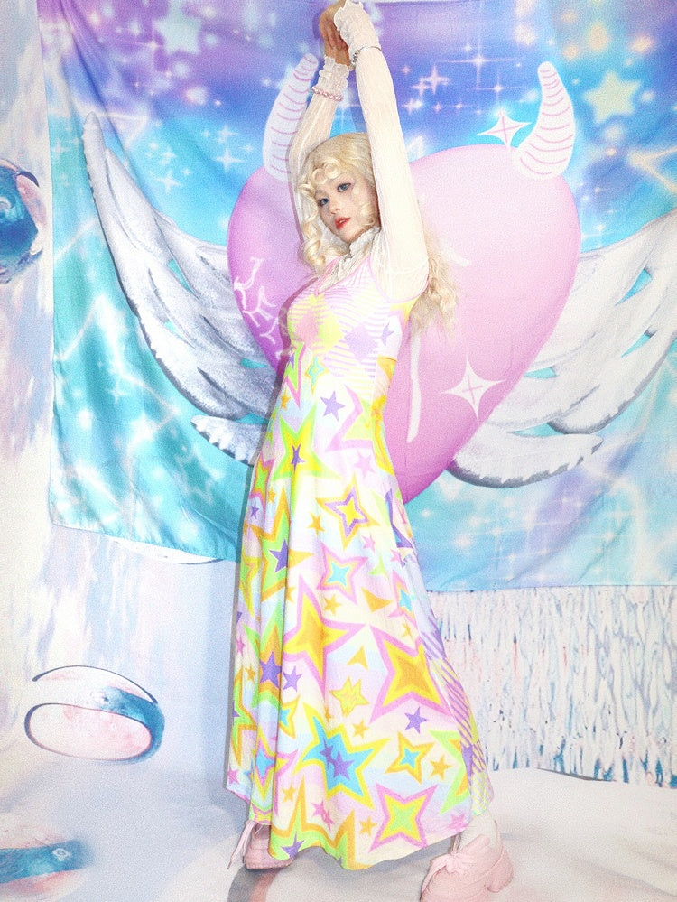 Macaroon Y2K Cami Dress with Star Prints and Striped Patterns