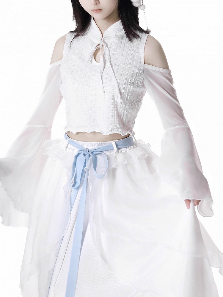 Sleeves Cropped Top White Cheongsam Collar Cutout Shoulder Bell