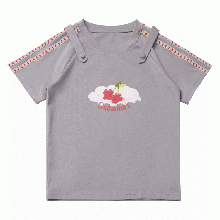 Round Neck Gray Cherry Print T-Shirt