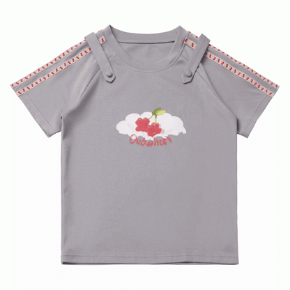 Round Neck Gray Cherry Print T-Shirt