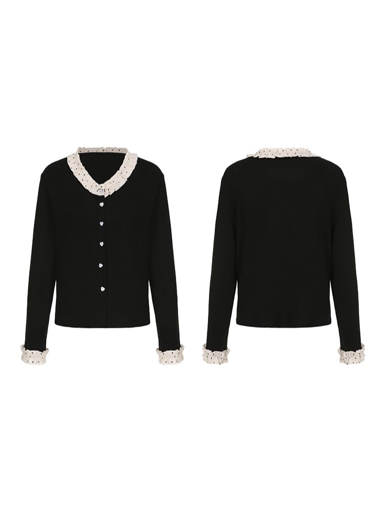 Plus Dot Buttons Cardigan with Polka Size Heart Trim Black Ruffle