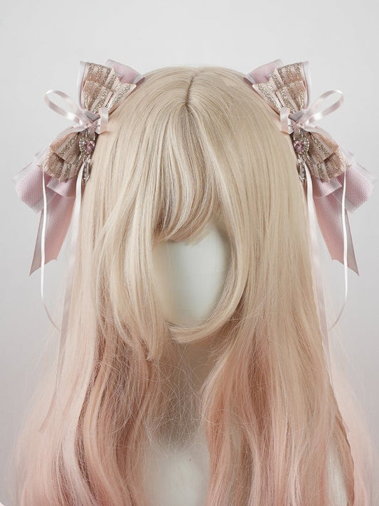 Pink Big Bow Heart Rhinestone Charm Lolita Hairclips