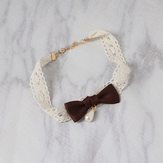 Brown Beige With Lace Cute Choker Bowknot