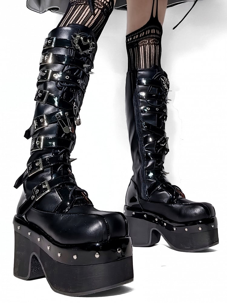 Buckle Platform Boots - Knee-High Punk High-heel PU