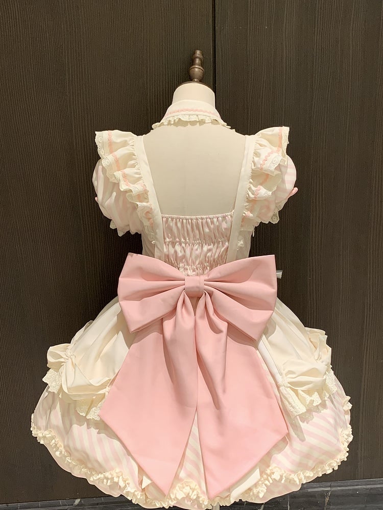 Beige Hairband Apron Full OP Sleeves Pink Skirt with Stripe Cake Dress Decor Adorable Bubble Brooch Bow Puppy + Lolita Set Train Detachable