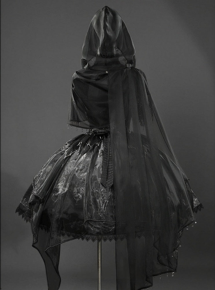 Black & Gray Bone Dragon Embroidery Halter Neck Gothic Lolita Dress Set - Ying Luo Fu