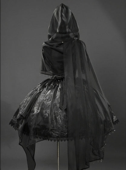 Black & Gray Bone Dragon Embroidery Halter Neck Gothic Lolita Dress Set - Ying Luo Fu