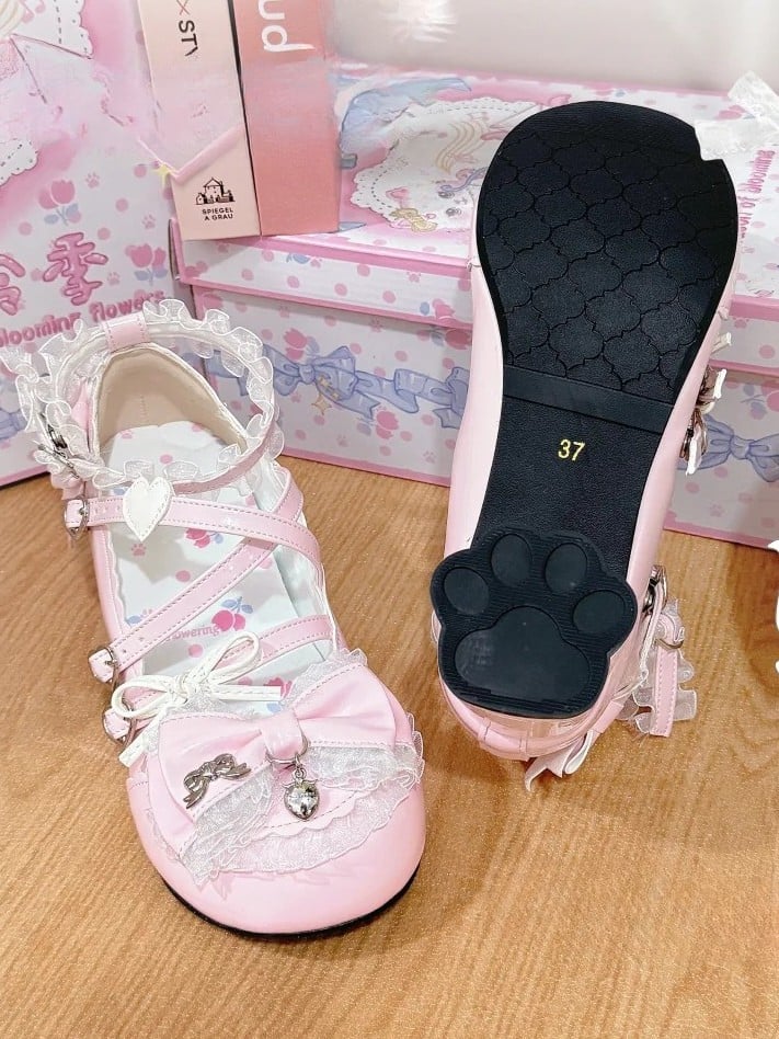 Mary Pink with Decor Mid-heel PU Leather Janes Bow in