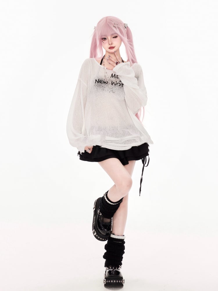 ホワイトレタープリントのカバーアップ セミシースルーネックライン アシンメトリー