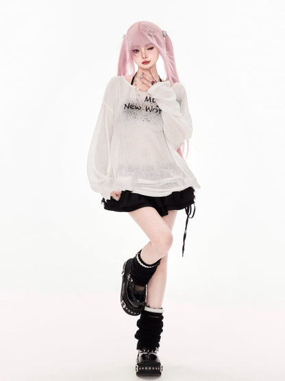 ホワイトレタープリントのカバーアップ セミシースルーネックライン アシンメトリー