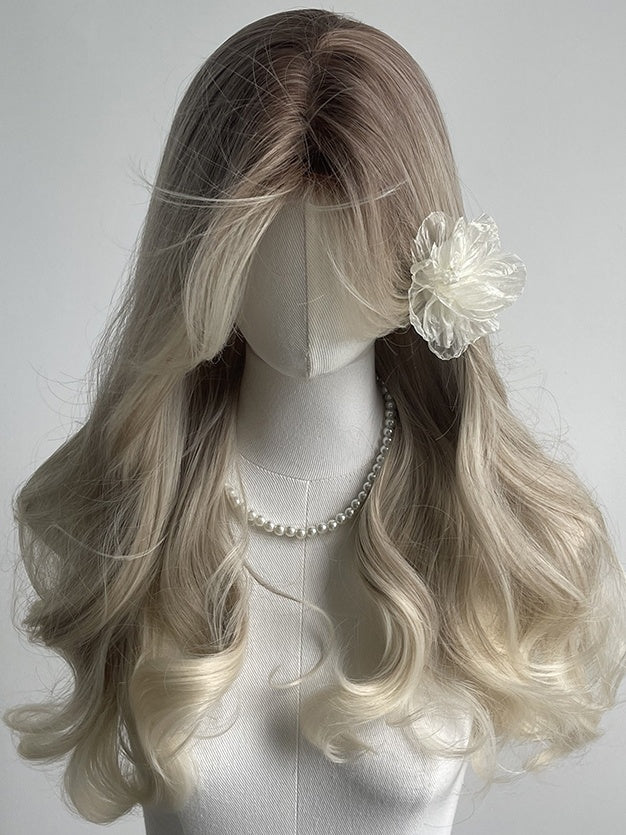 Weiß-Blonde Ombre Lange gewellte Kunsthaarperücke mit Vorhangpony