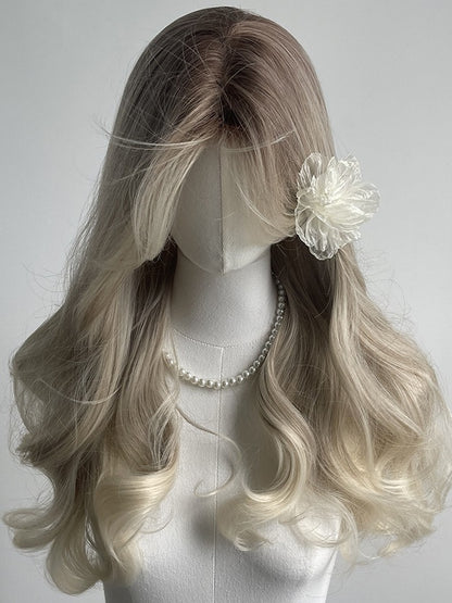 Weiß-Blonde Ombre Lange gewellte Kunsthaarperücke mit Vorhangpony