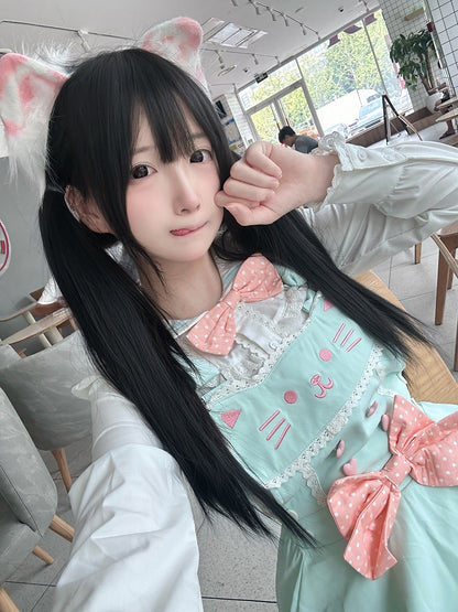 Soft Mint Green Adorable Cat Embroidered Overall Dress / White Sailor Collar Blouse