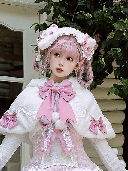 Bows and with Plush Bunny-themed Sweet Pink/Brown Lolita Hairband Accents Pom-pom