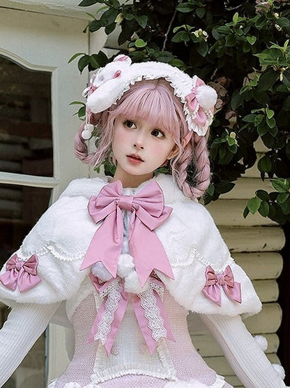 Bows and with Plush Bunny-themed Sweet Pink/Brown Lolita Hairband Accents Pom-pom