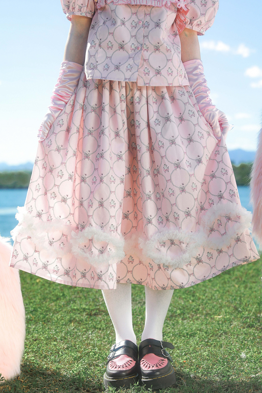 メッシュパールウェーブプリントピンクアニマルスカート