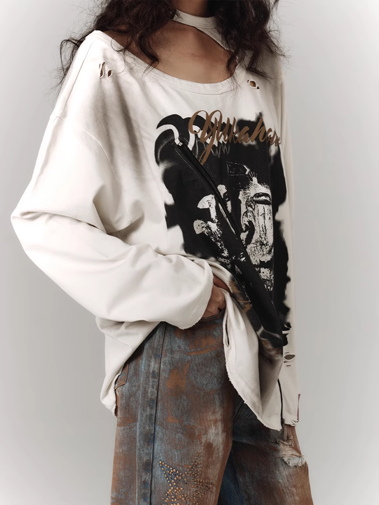 Zipper and Detail White Distressed Top with Cutout Shoulder