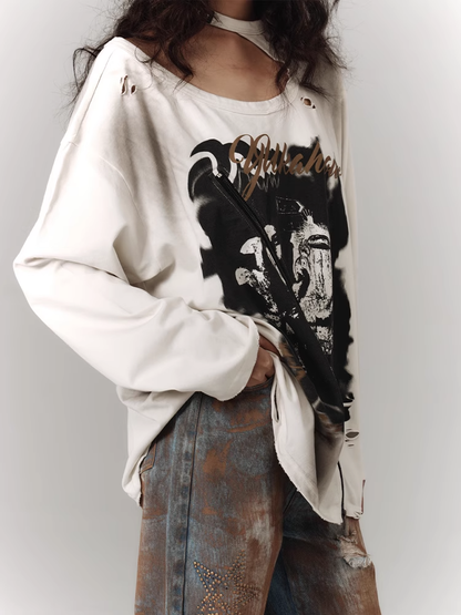 Zipper and Detail White Distressed Top with Cutout Shoulder