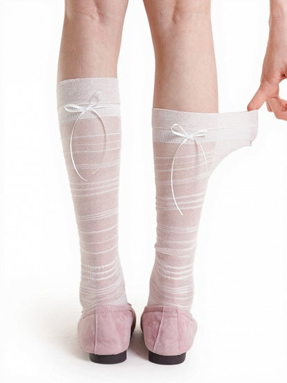 Sheer Bow Calf Socks with Stripe Pattern - ModaSwings