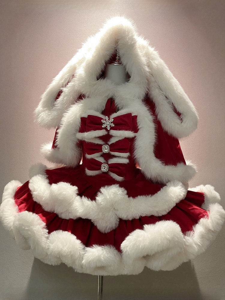 Christmas Red Winter Hooded Cape with Oversized Plush Bunny Ears