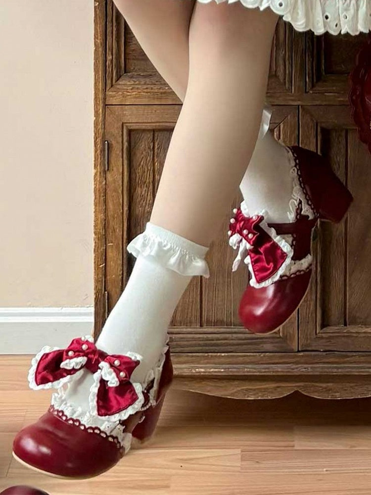 Embellished Bow Sweet Accent Red Leather PU Beads Trim Heels in Lace Mid