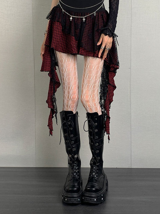 Weiße Y2K-Strumpfhose mit Spitzen-Aushöhlung