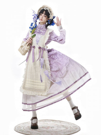 Beige Print Charm Dress Tassel Lolita Han Apron Floral Wisteria Purple + Beaded with