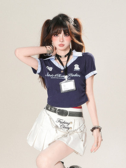 Tag Two-Piece Blue with Tee - Faux Cropped Name Preppy Dark Complimentary