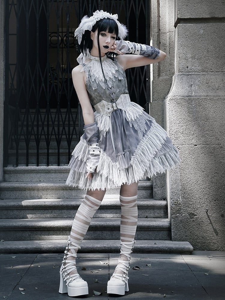 Dress Skirt Panel Buckle Gray Feather Shoulder Lolita Lace Gothic Straps