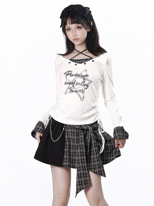 Kawaii Retro White Halter Top with V-Neckline, Long Sleeves, Printed Motifs & Drawstring - PINK SAVIOR