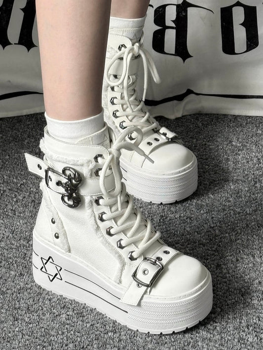 White Style Boots - Hexagram Bullhorn Punk Front Canvas Upper with Lace-Up Clasp Platform