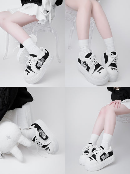Design Print Otaku-Kwaii Lace-Up Trim Letter - Raw Edge Black Platform with Shoes White
