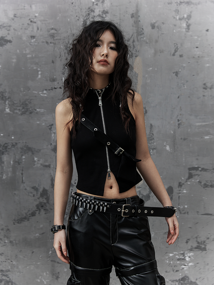 Mit Akzenten Black Metal Crop Bag PU Top Punk Taille